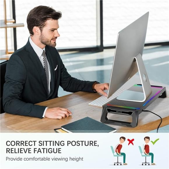 Monitor Stand for Desk RGB Gaming Lights with 4 USB 3.0 Hub, Foldable  - Black - Picture 5 of 6